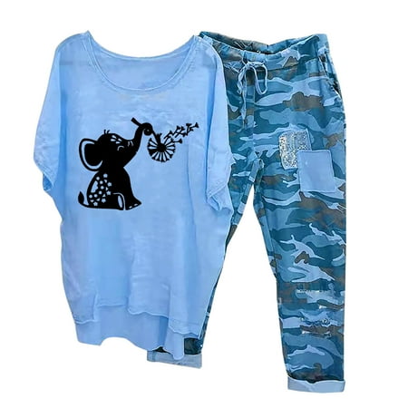 

YanHoo Women s Linen Plus Size Two Piece Outfits Print Half Sleeve T-Shirt and Elastic Drawstring Pants Junior Girls Streetwear