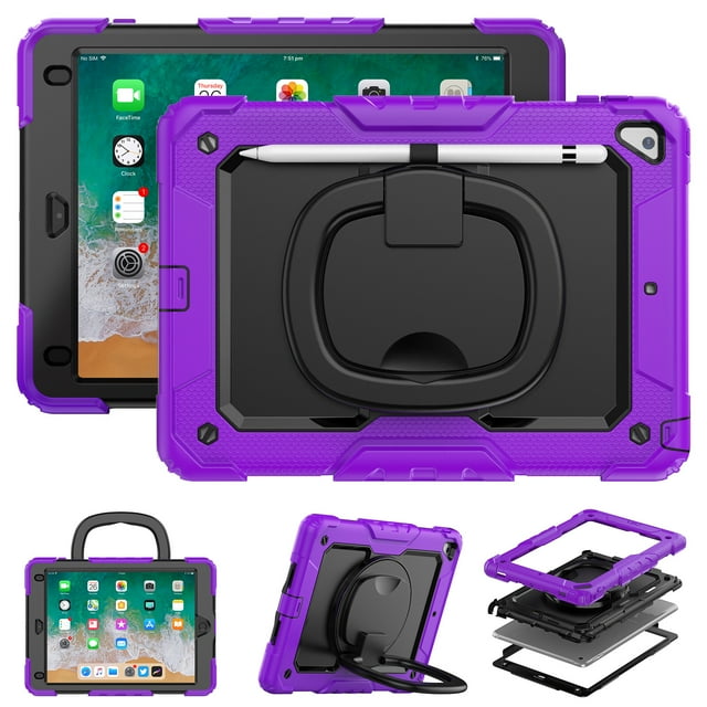 for iPad 6th/5th Generation Case 9.7 inch 2018/2017, 360 Rotating Shockproof Cover with Stand, Handle, Shoulder Strap, Purple