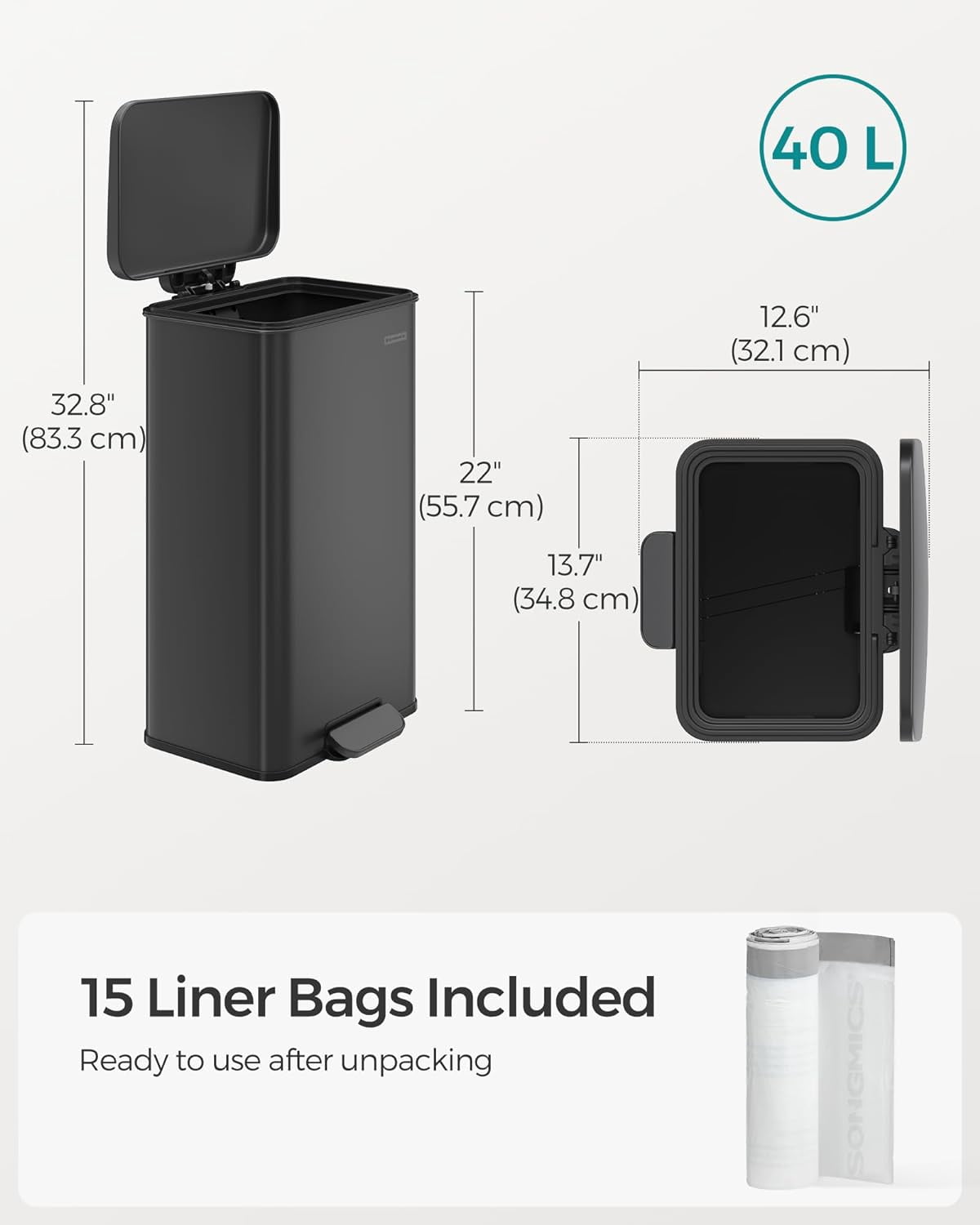 Kitchen Trash Can, 10.5 Gallon (40 L) Garbage Can, Large Step Trash Bin with Lid, Stainless Steel, Soft Close, 15 Trash Bags Included, Black
