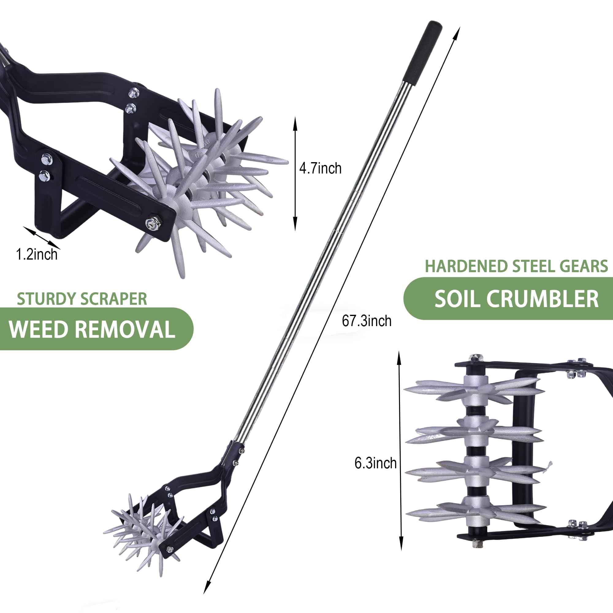 Garden Rotary Cultivator  67-inch Adjustable Handle Sturdy Star Tines 2-in-1 Weeding & Tilling Hand Tiller Ideal For Flower Beds Planters Vegetable Gardens Elevated Planter