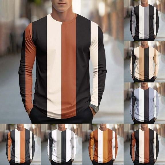 Nmnitkp Long Sleeve Shirts for Men Striped Long Sleeved T-Shirt for Men Spring Casual T-Shirt for Men Retro Autumn Pullover Stripe Tee Shirt Brown,L