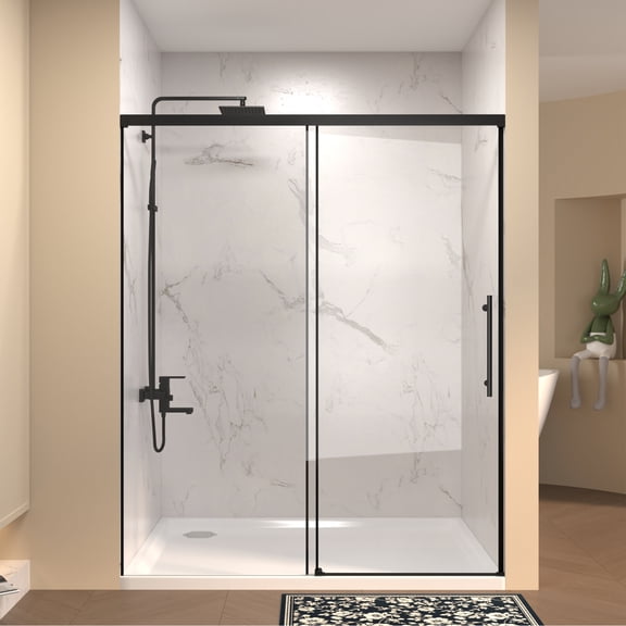 56-60" W x 72" H Frameless Single Sliding Shower Door, 6mm Tempered Glass, Matte Black