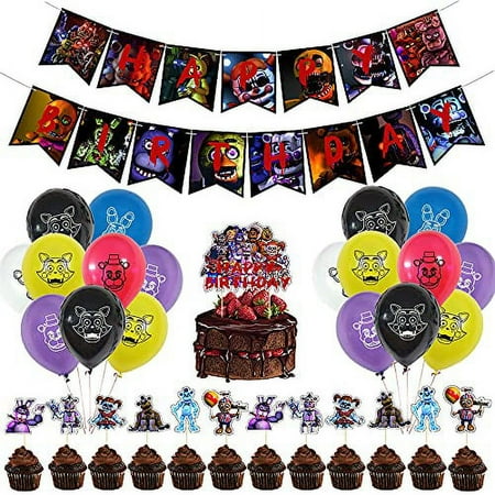 Five Nights at Freddy Party Supplies Set Include Happy Birthday Banner Cake Topper Cupcake Toppers Latex Balloons Perfect for Five Nights at Freddy's Birthday Party Decorations
