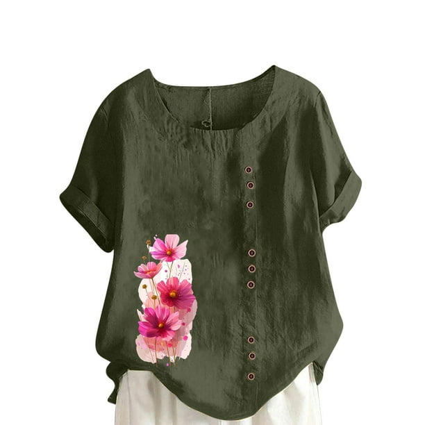 Camisetas de Manga Corta para las Mujeres Impreso Botón de Manga Corta Camiseta Blusa Poliéster, Ropa Casual Mirar Superior para las Mujeres