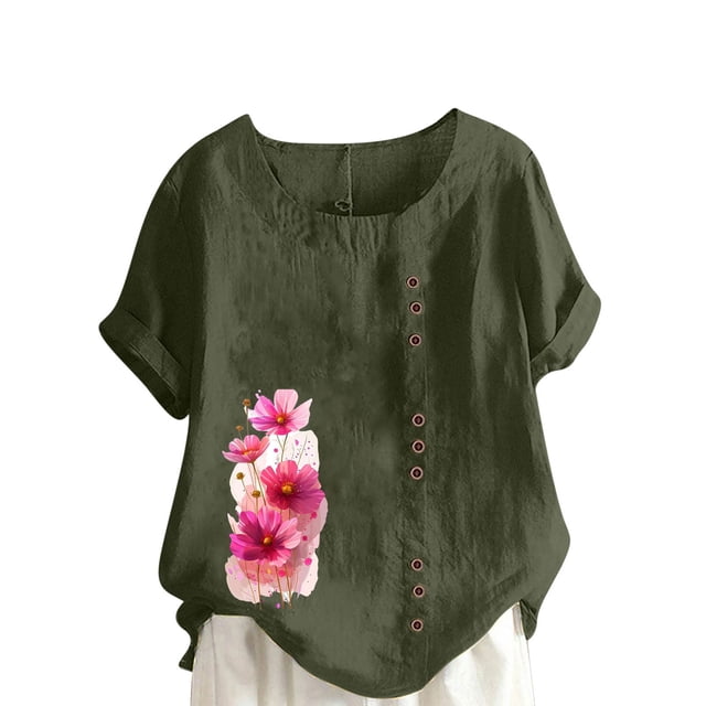 Camisetas de Manga Corta para las Mujeres Impreso Botón de Manga Corta Camiseta Blusa Poliéster, Ropa Casual Mirar Superior para las Mujeres