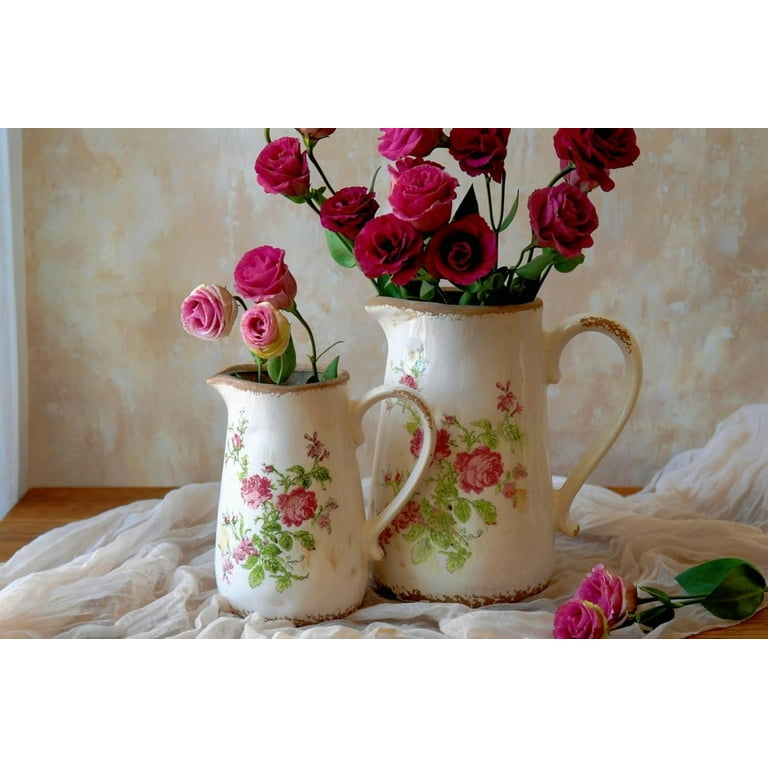 Vintage White and Green Floral Ceramic Vase with Handle, Retro Ice Vintage White and Green Floral Ceramic Vase with Handle, Retro Ice