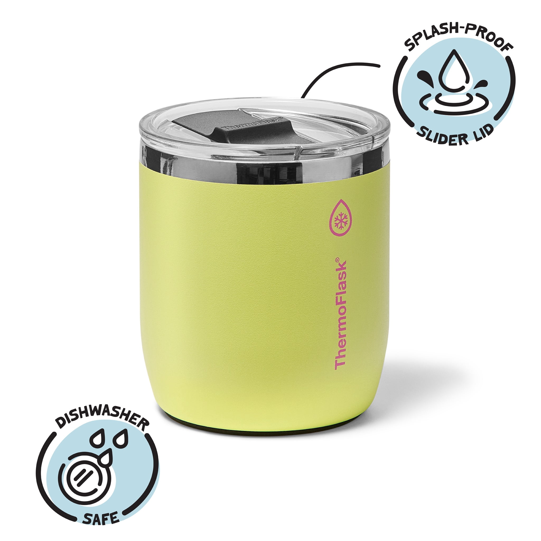 ThermoFlask Drinkware 10 oz Lowball Tumbler - Double-Wall Insulated for Cold & Hot Drinks - Lightweight & Simple with innovative Press In Slider Lid - Modern & Durable - Unmellow Yellow