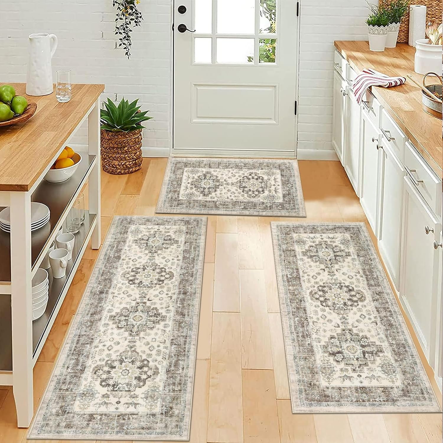 Kitchen Rug and Mat, Yamaziot Kitchen Runners Rugs Set of 3, Washable Non Slip Farmhouse Hallway Laundry Room Mat for Floor, Comfort Vinatge Boho Carpet