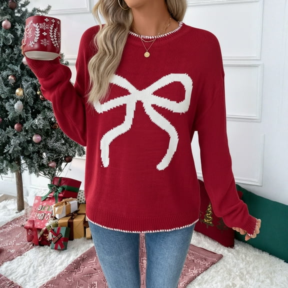 Women Bow Sweater Casual Crew Neck Long Sleeve Pullover Sweaters y2k Lightweight Knitted Valentine's Day Tops Winter Clothing Red S