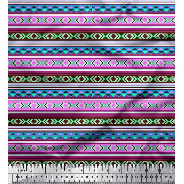 Soimoi Japan Crepe Satin Fabric Aztec Geometric Printed Craft Fabric by the Yard 42 Inch Wide