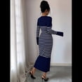 thumbnail image 4 of Vestido de Suéter A Rayas con Cuello en V para Mujer, Larga, Ajustado, Midi. Azul Marino L, 4 of 7