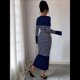 thumbnail image 4 of Vestido de Suéter A Rayas con Cuello en V para Mujer, Larga, Ajustado, Midi. Azul Marino XL, 4 of 7