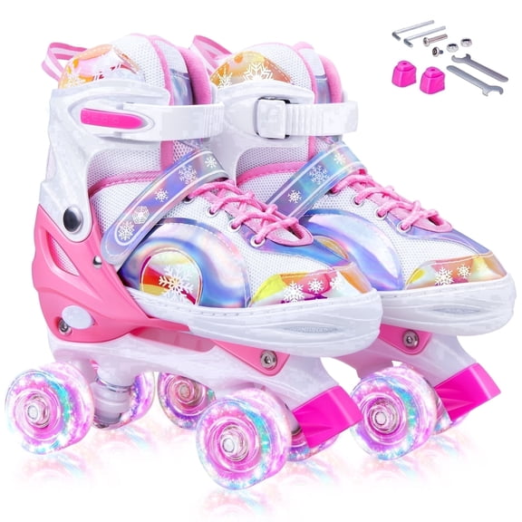 Bvivok Roller Skates for Girls Size (M: 1-4), 4 Sizes Adjustable, with Light up Wheels, Pink