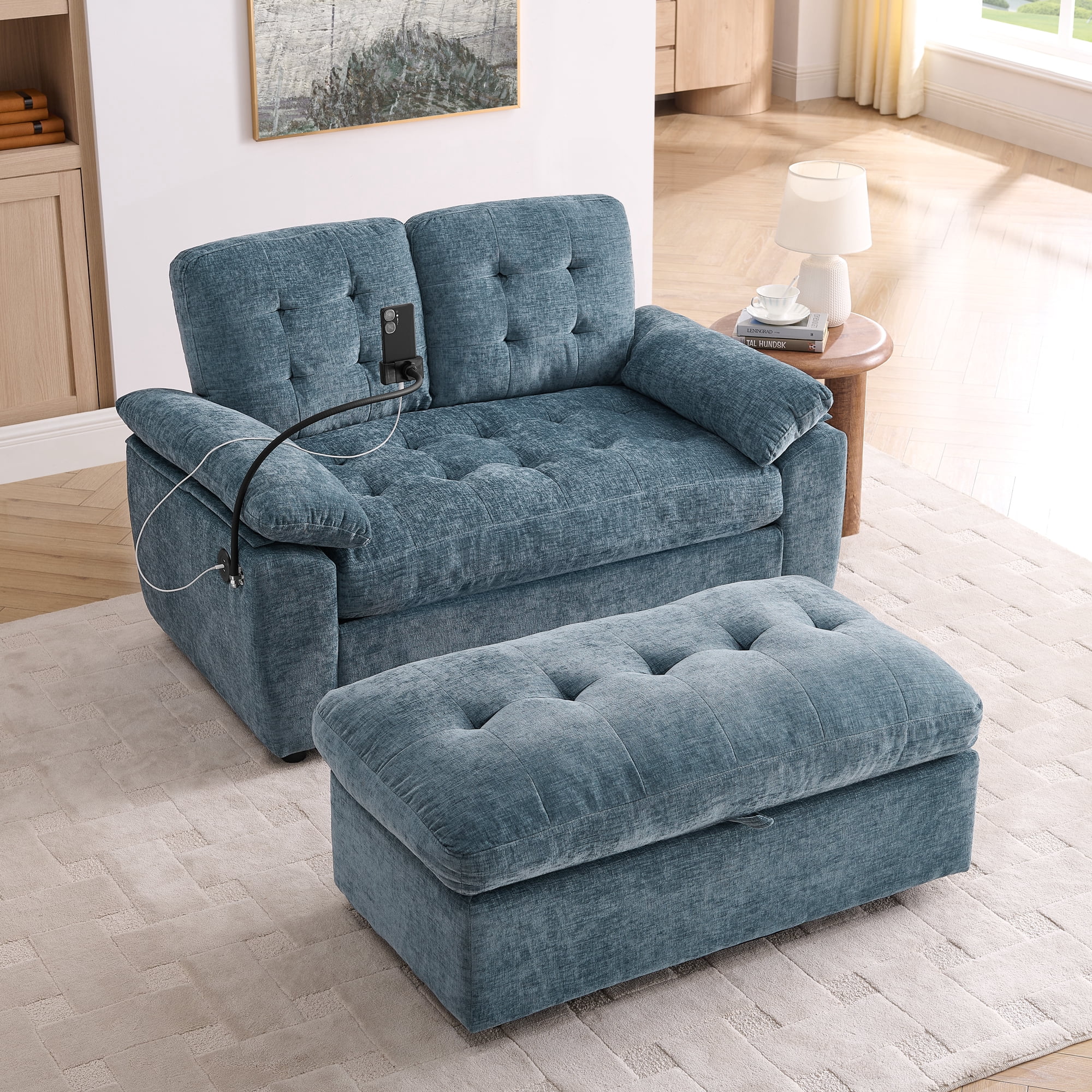 56" Loveseat Recliner with Adjustable Backrest, USB Charging Port, Phone Stand and Storage Ottoman