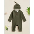 thumbnail image 4 of Spewahor Baby Girls Boys Spring Autumn Romper Long Sleeve Crew Neck Solid Color Ribbed Button Jumpsuit with Hat, 4 of 9