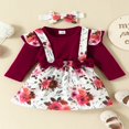 thumbnail image 2 of Infant Girl Summer Fall Clothes Set Flying Sleeve Round Neck Jumpsuit +Flower Print Suspender Skirt + Bow Headband, 2 of 6
