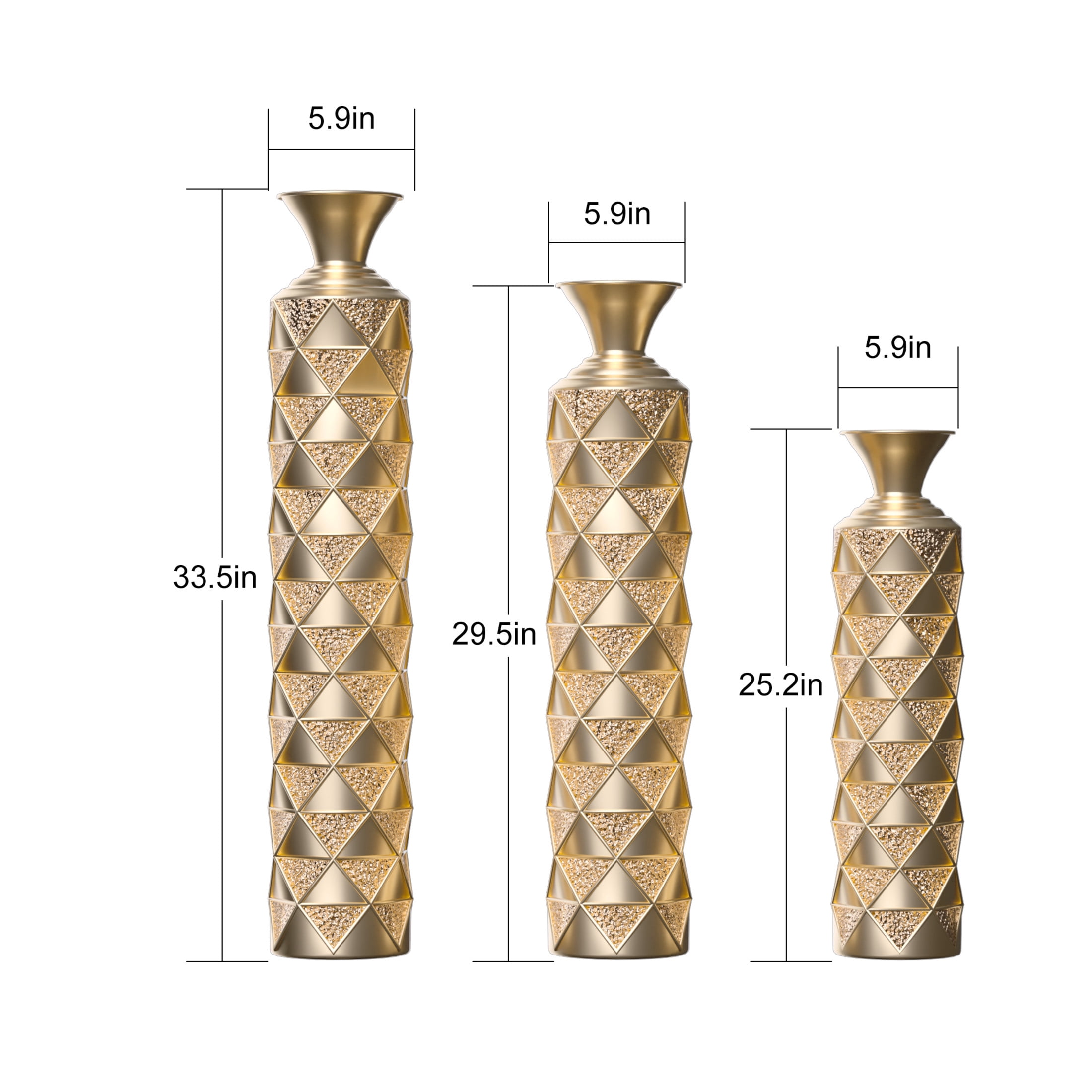 Noble House 3-Piece Metal Floor Vase Set, 33.5", 29.5", 25.2" Diamond Pattern Vases, Antique Gold