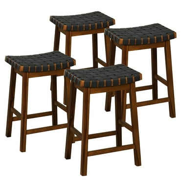 Gymax Saddle Stools Set of 4 25.5 Inch Counter Height Stools w/ PU Leather Woven Seat Brown