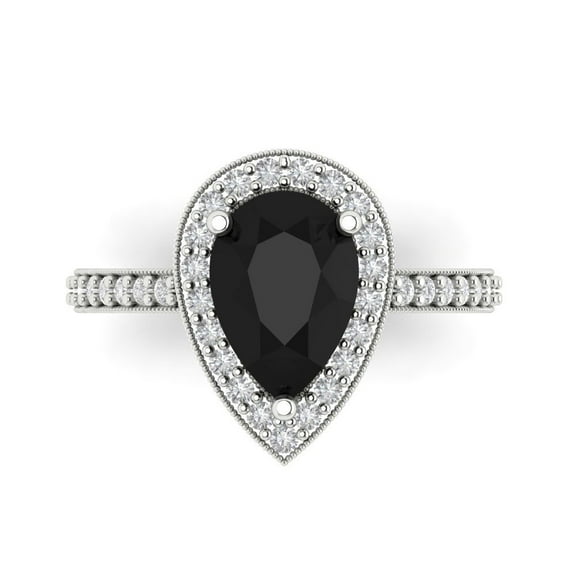 Halo Engagement Ring for Women - 2.36ct Natural Onyx in 18K White Gold Promise Ring