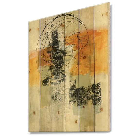 Designart 'Abstract Composition of Glamorous Black and Yellow I' Contemporary Print on Natural Pine Wood