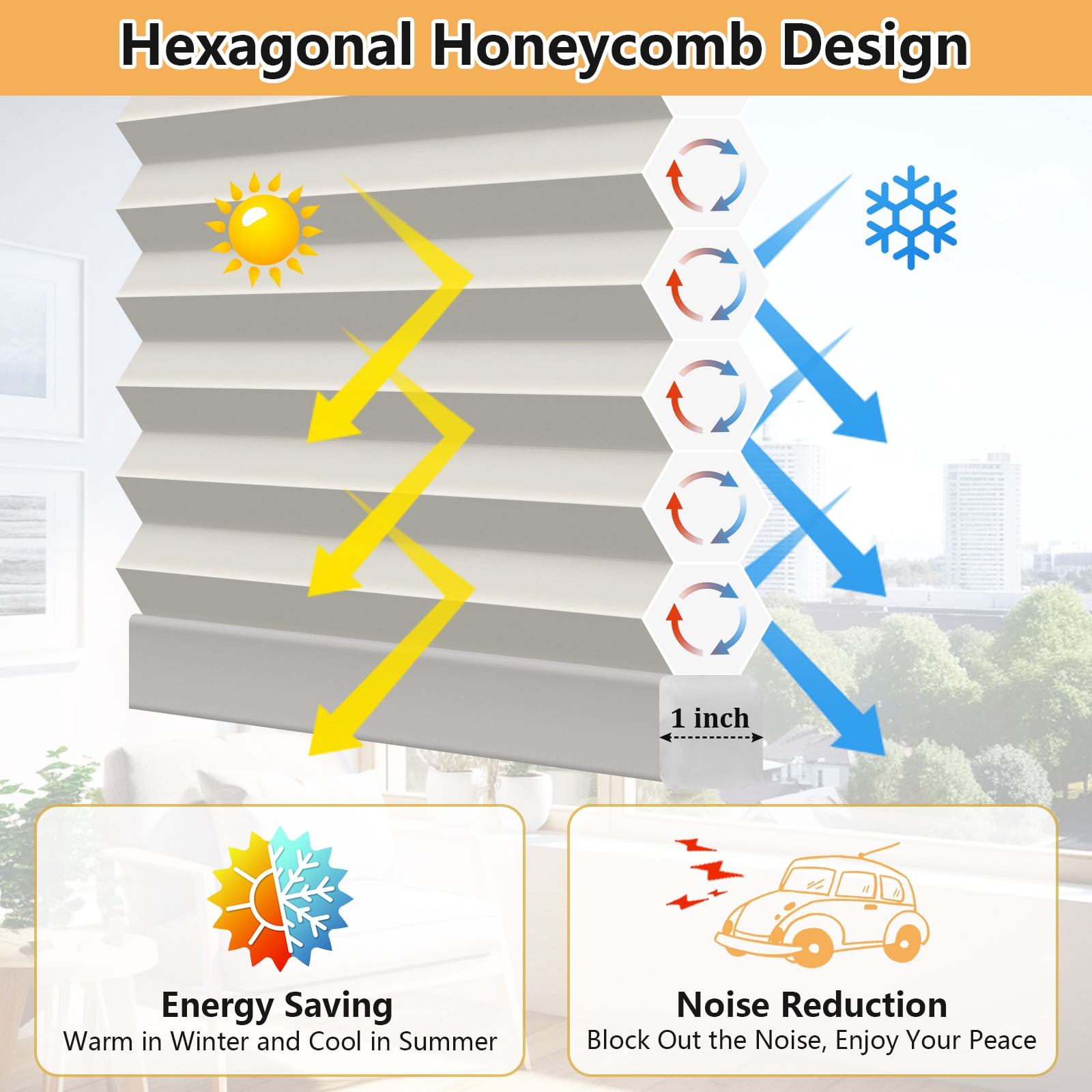 NAWAY No Drill No Tools 34"x48" Cellular Shades for Indoor Windows, Thermal Insulating & Noise Reducing Honeycomb Blinds, Cordless Free Stop Blinds Light Filtering, Gray