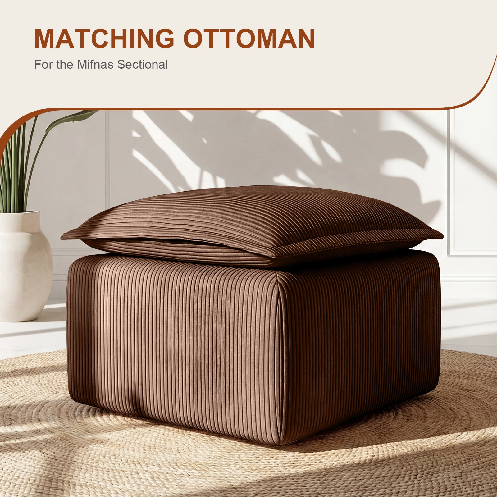 Corduroy Ottoman Pouf for Modular Sectional Sofa Upholstered Footrest Stool for Living Room Brown