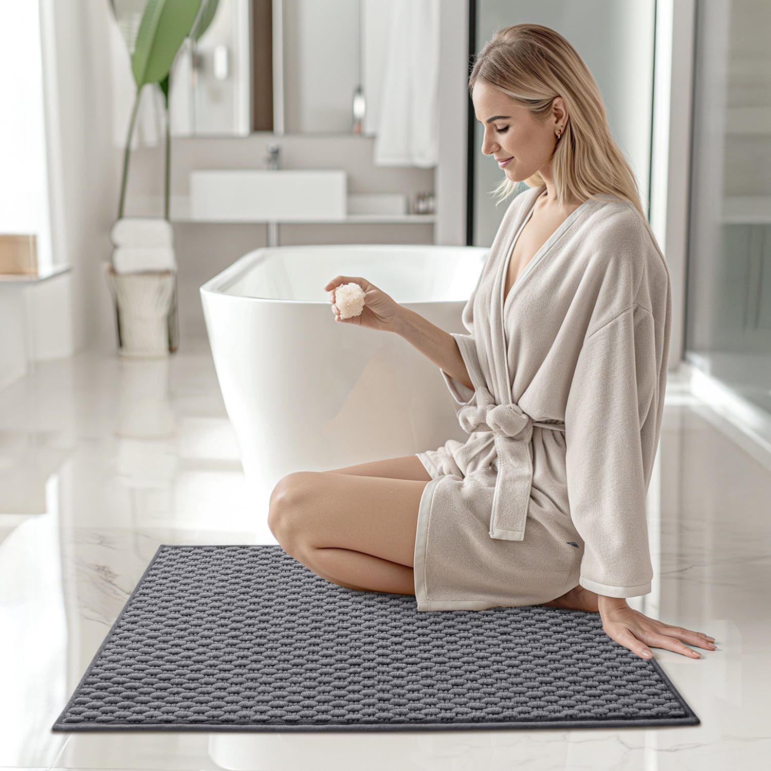PABUBE Soft Dark Gray Woven Chenille Bathroom Rug, 16"x24", Non-Slip and Absorbent Bath Mat for Bathroom Floor, Machine Washable, Quick Drying