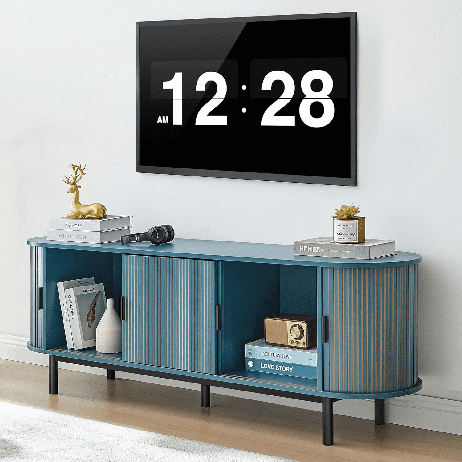 LEFHDA 62" TV Stand, Storage Cabinet and Entertainment Center with Tambour Door, Mid Century Modern TV Stand for Living Room, Modern TV Console Table for 65/70 Inch TV (Blue)
