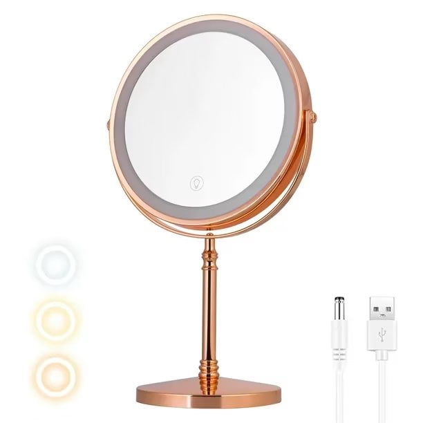 Miroir de maquillage doré avec lumière, miroir de courtoisie grossissant  10X, rétro4.2, lumière réglable, miroir cosmétique debout, chargement USB,  8 - AliExpress