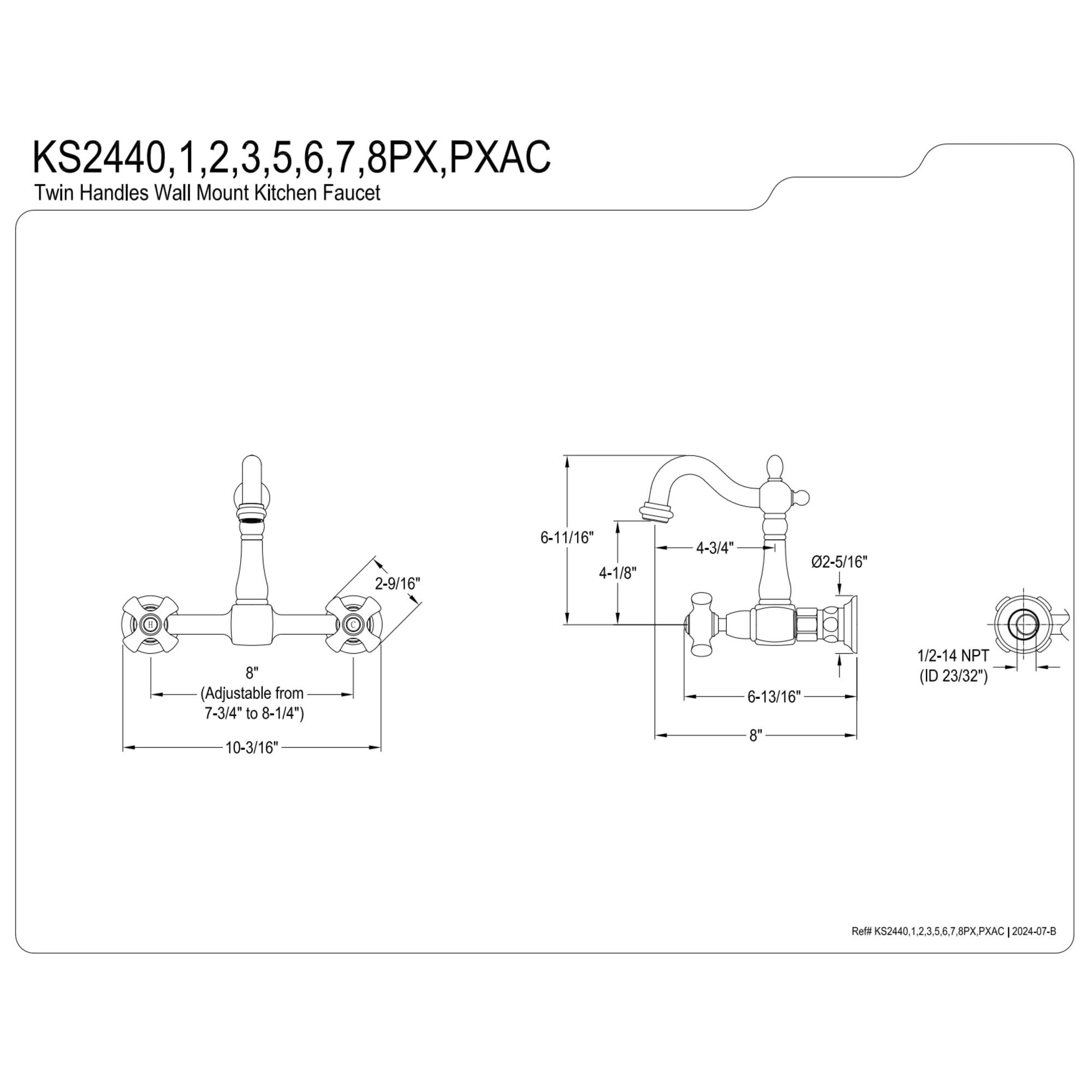 Kingston Brass KS2443PX Heritage Double-Handle Wall-Mount Bridge Kitchen Faucet, Antique Brass