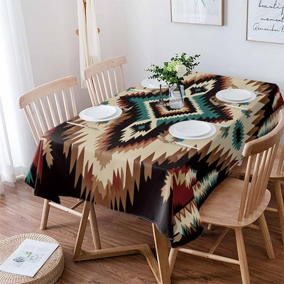 Brown Teal Red Boho Tablecloth Rectangle Table Cloth 60x102 , Waterproof Tablecloth Outdoor Table Cloth, Southwestern Vintage Geometric Art Washable Table Cover for Kitchen Dining Party