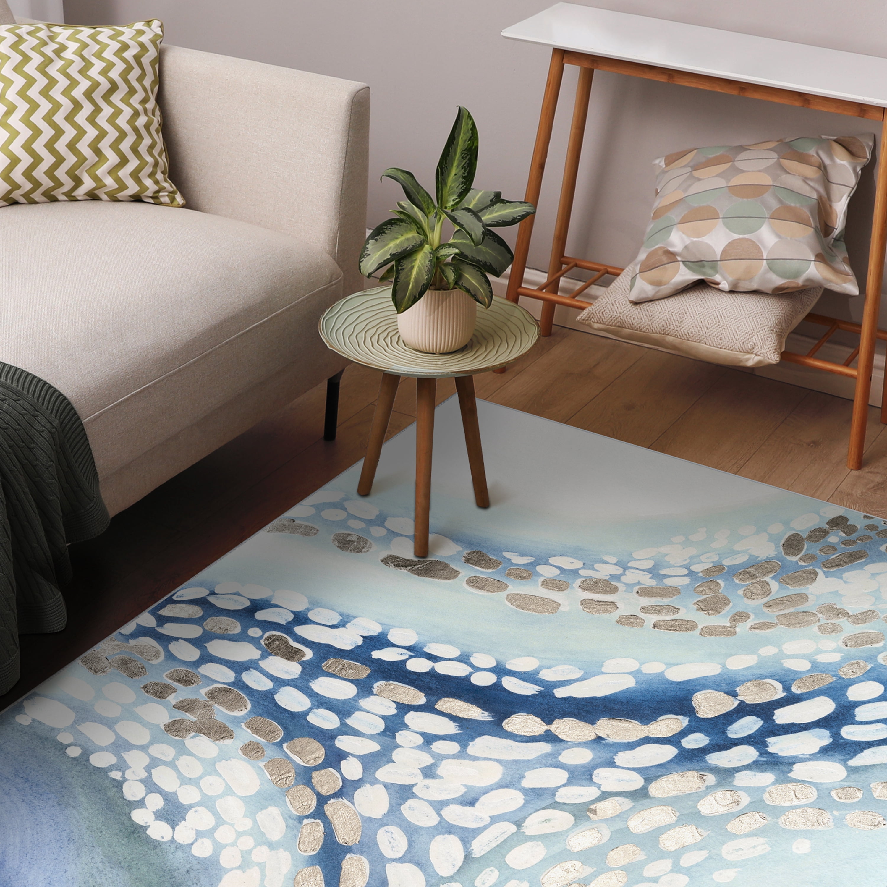 Teeming II Washable Abstract Blue Art Area Rug size 5'x8'