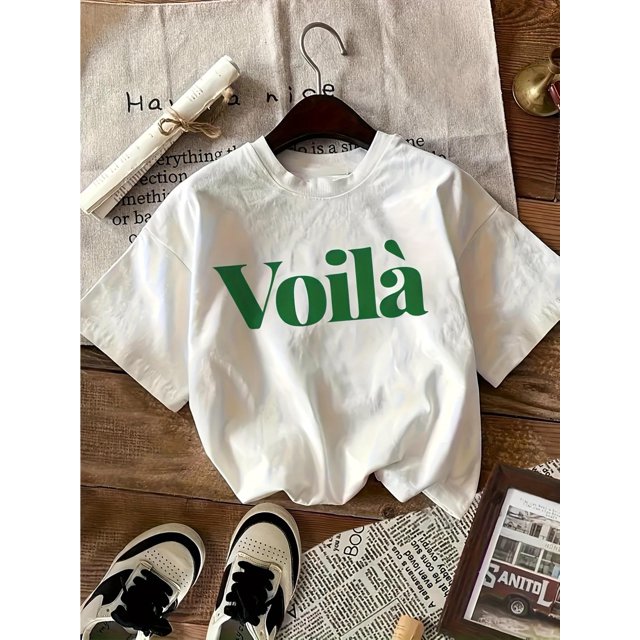 1pc Voila Women'S Casual T-Shirt, Short Sleeve Crew Neck, Polyester Knit Fabric, All-Season Letter Print Top