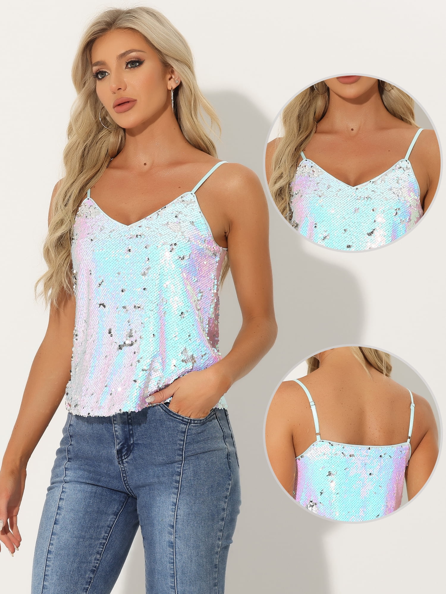 DARING DIVA Women's Sequin Sparkle Glitter Crop Cami Top S Light Blue