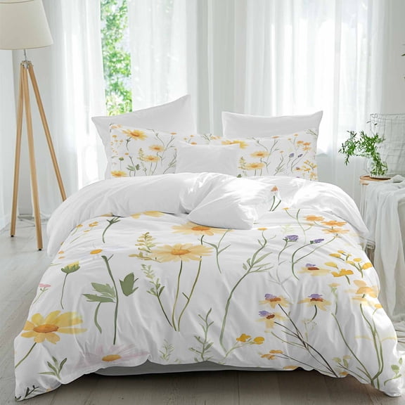 3 Piece Yellow Daisy Floral Duvet Cover Set Full Size, Microfiber Comforter/Quilt Cover with Corner Ties and 2 Pillowcases, Spring Rustic Botanical Flowers All Season Soft Bedding with Zipper Closure