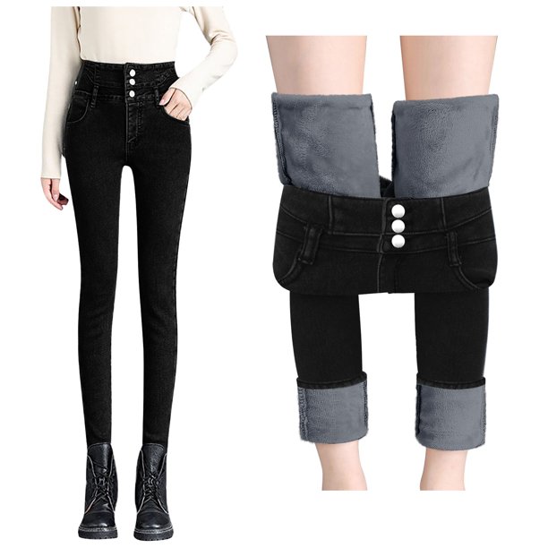 Pantalones largos Haren Gibobby de cintura alta para Mujer sueltos gruesos cálidos de felpa rectos Black L/28