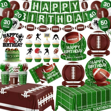 Football Birthday Party Decorations Include Paper Plates Napkins Cup Cake Topper Banner Balloon Touchdown Tablecloth Football Decorations for Game Day Tailgate Party, Serve 24