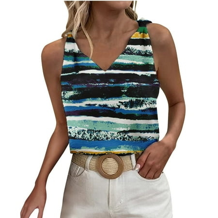 

Zlekejiko T Shirt For Women Floral Print Shoulders Knotted Loose Tank Top Sleeveless V Neck Tees Casual Tunic Blouses 3xl Maternity Clothes Basics Womens Camisole