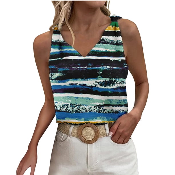Camisetas de tirantes Camiseta para mujer Estampado floral Hombros Anudado Camiseta sin mangas suelta Sin mangas Cuello en V Camisetas Casual Túnica Blusas (Blue, S)