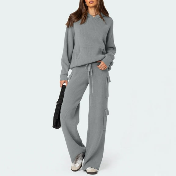 Women's Hooded Sports Casual Sweater Knitted Set Interview Outfit Pant Suits for Women Dressy Wedding Guest Girls Interview Suit Fancy Suits for Women Two Piece Pants Outfits plus Size Pant Suits for