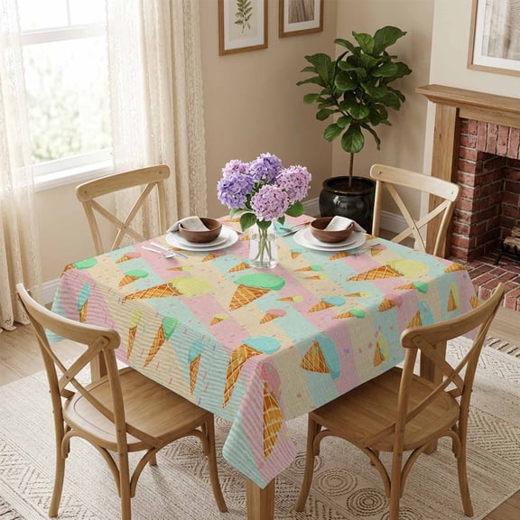 Summer Ice Cream Square Tablecloth 54x54 Inch Colorful Stripe Waterproof Polyester Tablecloth for Dining Table, Washable Table Cover for Kitchen Dining Room Wedding Decoration,Stain Resistant