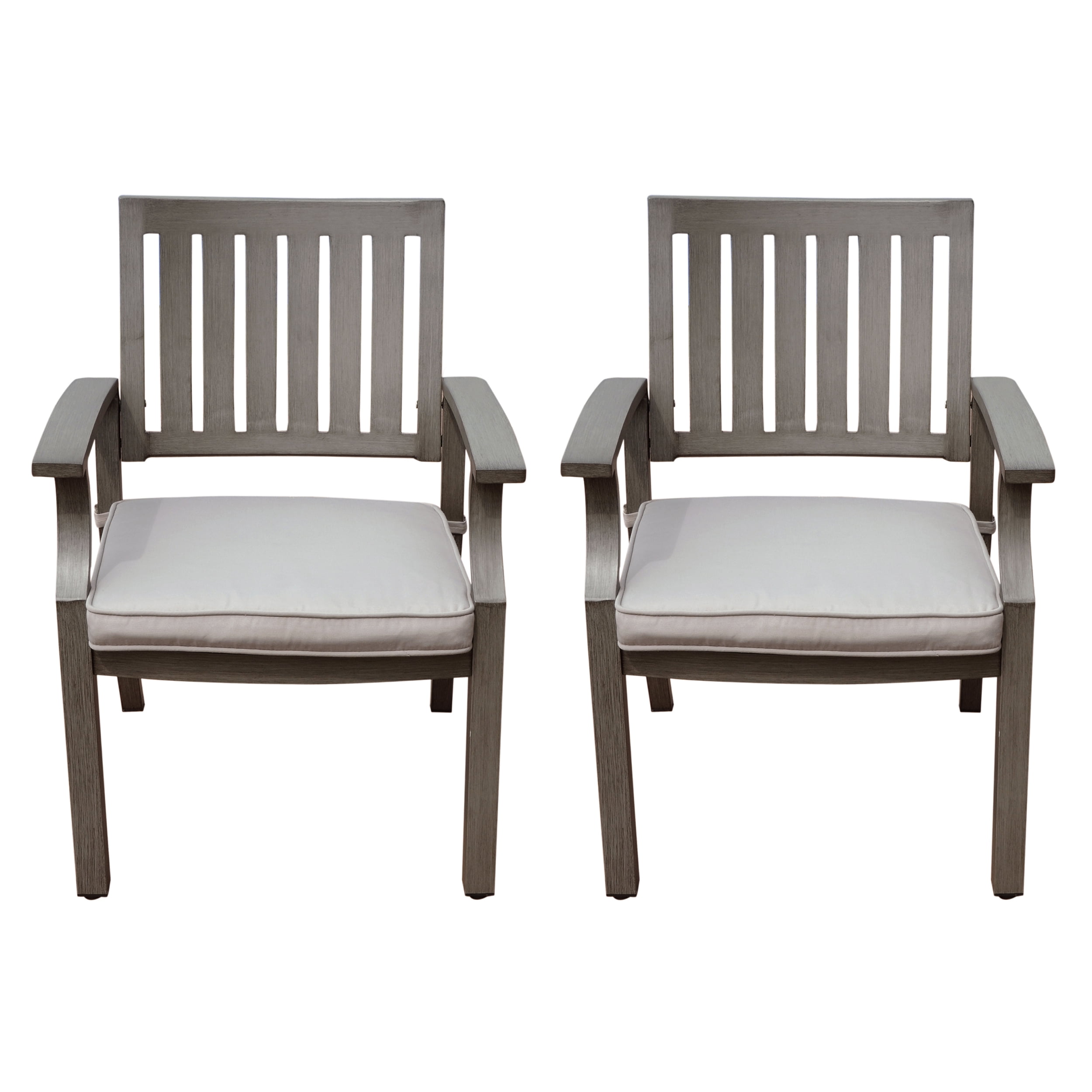 Outdoor Cushioned Dining Chair Set of 2, Acacia Wood and Metal Frame Household Seats for Patio Garden, Dark Gray and Silver