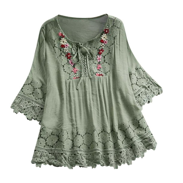 Gibobby Blusas Manga Larga Mujer Mujeres Rubia V Cuello Travel Loose Top(Verde, XL)