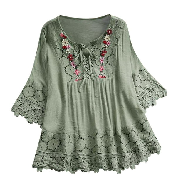 Blusa vintage de encaje con cuello en V y mangas 3/4 para mujer - Poliéster, corte holgado