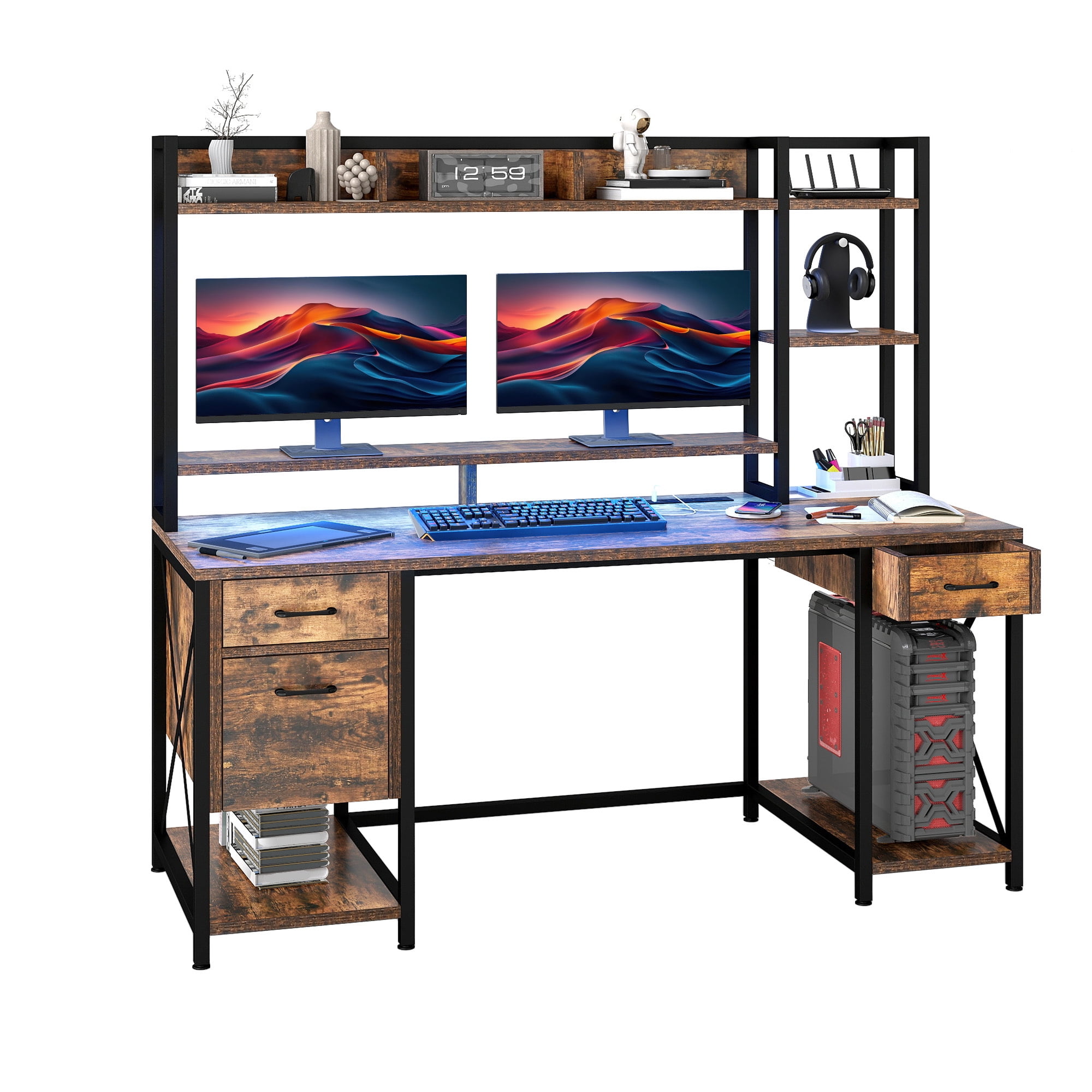 Uforic 59.1 Inch Rustic Brown Computer Desk with Hutch & Drawers with RGB LED Light Strip Multi-Shelf Storage with Sturdy Metal Frame, Brown