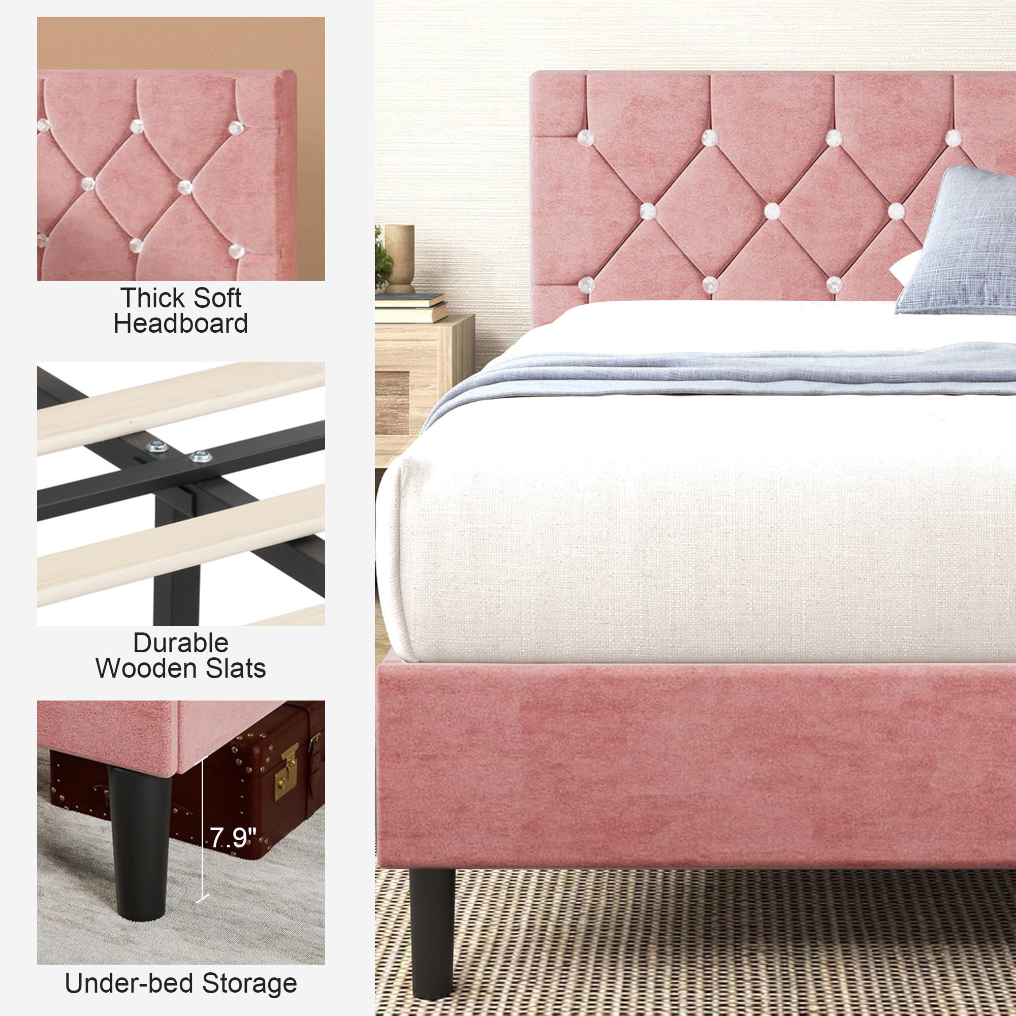 VECELO Full Size Platform Bed Frame, Modern Upholstered Bed Frame with Diamond Tufted Headboard, No Box Spring Needed, Easy Assembly, Pink