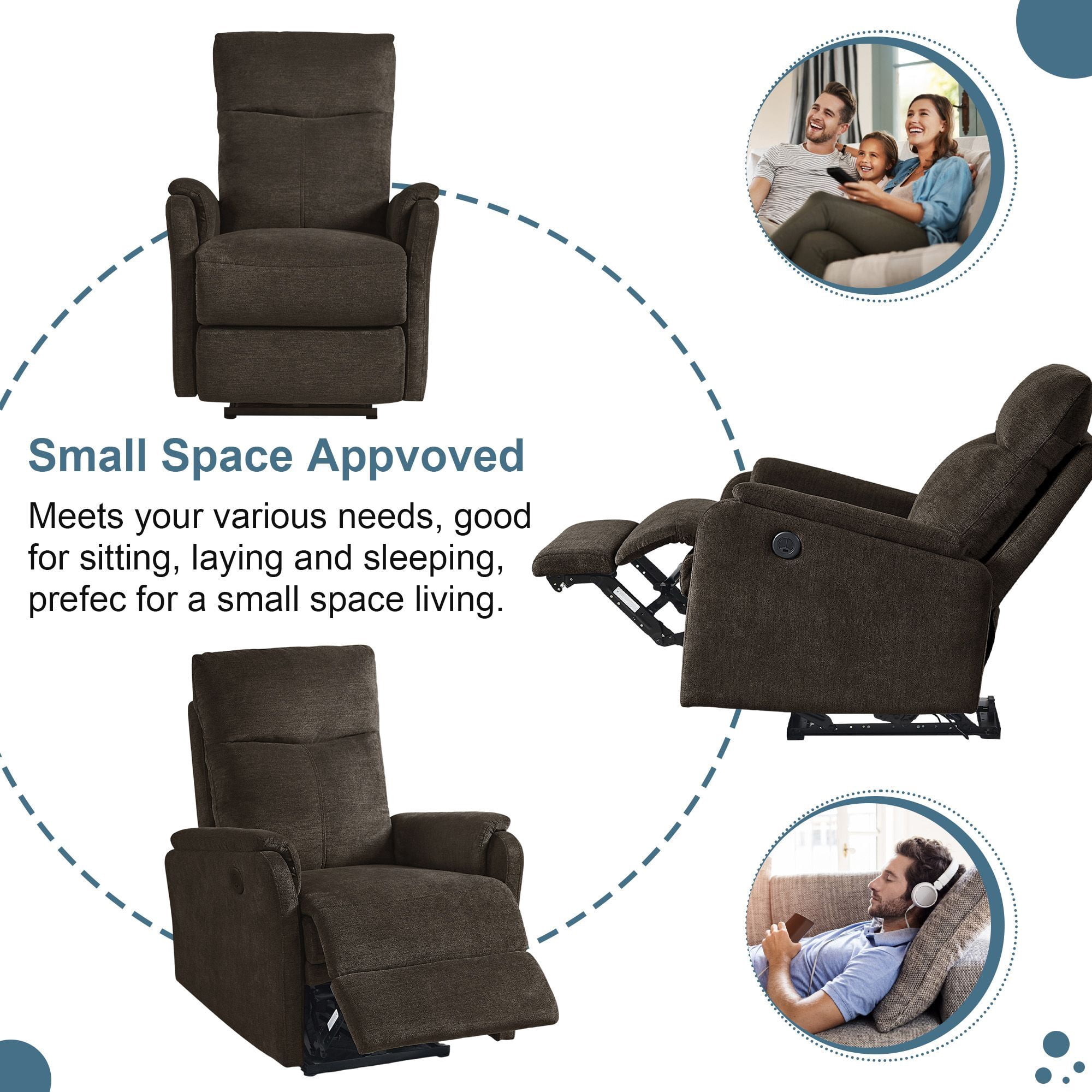 DEALTOPS Power Recliner Chair with USB Ports, Recliner Single Chair with Adjustable Footrest, Dark Brown