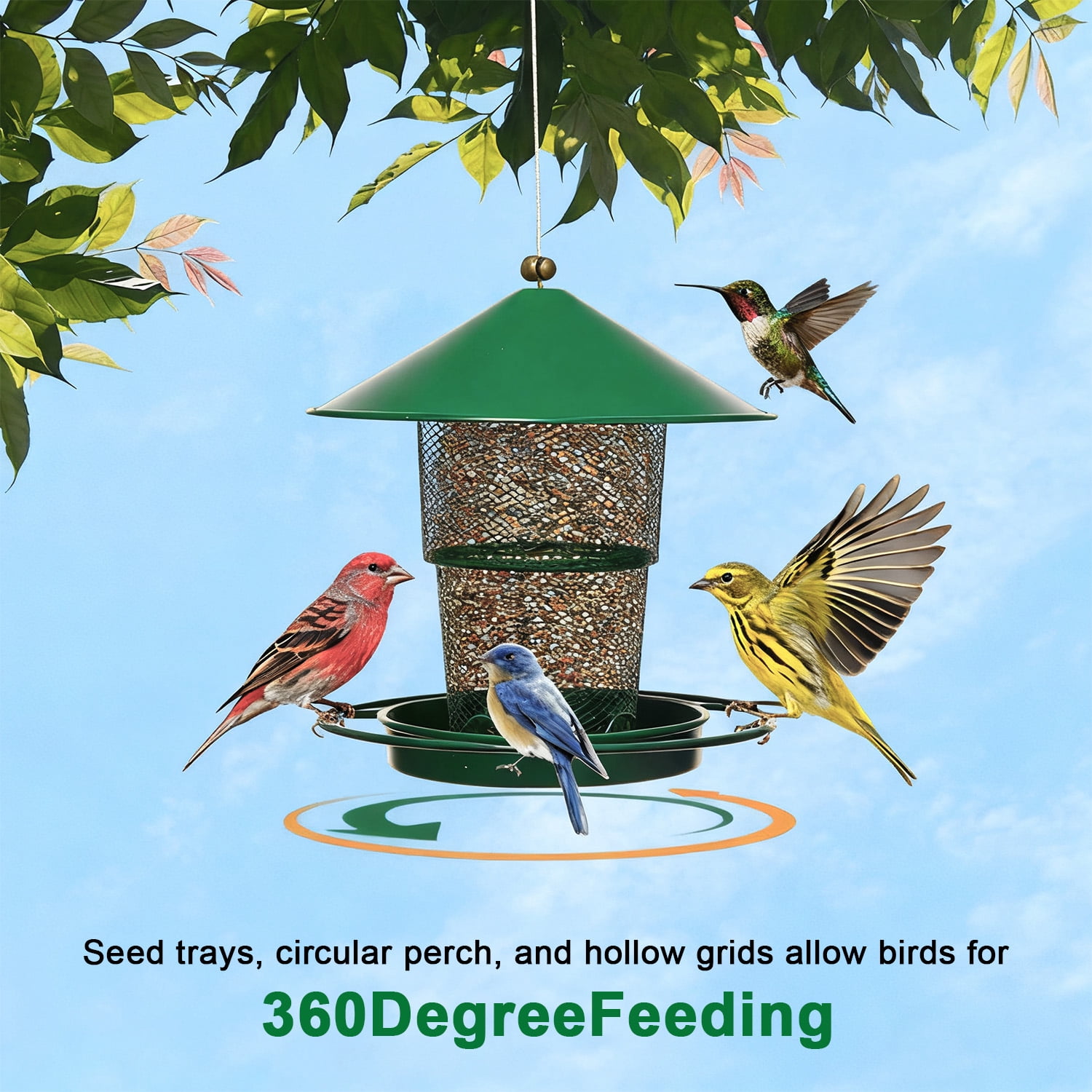 Anpro Metal Bird Feeder for Outside Hanging, Retractable Squirrel Proof 5lb Capacity Bird Feeders, for Outdoors Hanging Garden Yard, Green