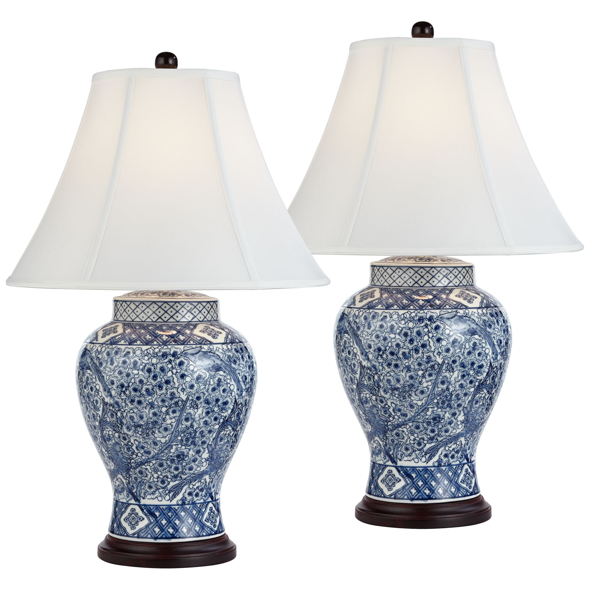 Barnes and Ivy Shonna Garden Bird 27" Tall Jar Traditional Table Lamps Set of 2 Blue Porcelain White Shade Living Room Bedroom