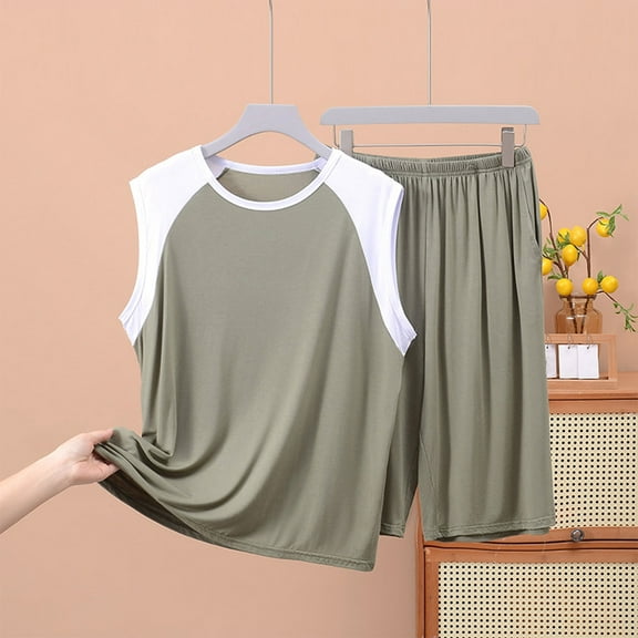 lmcalzta Mens Summer Pajamas Sets Sleeveless Tank Tops and Elastic Waist Shorts Loungwear Soft Lightweight 2 Piece Outfits